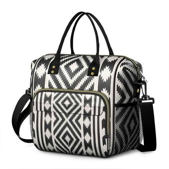 Boho Chic Insulated Lunch Box for Women, Large Leakproof Dual Compartment Cooler Tote with Vintage Rustic Patterns, Collapsible Lunch Bag for Work or Beach