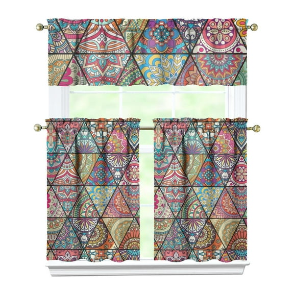 Boho Chic Kitchen Curtains Tier and Valance Set Vintage Rustic Bohemian Artistic Earthy Tribal Style Nordic Aesthetic Rod Pocket Curtains for Window Treatments
