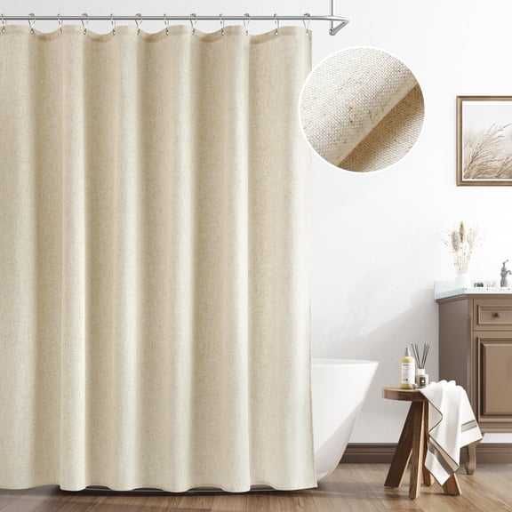 Boho Chic Linen Shower Curtain, Farmhouse Style Bathroom Decor, Soft Textured Fabric, Beige Cream Color, 72 inch with Water Repellent Coating