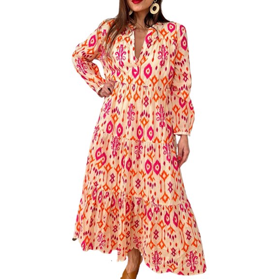 Boho Chic Long Sleeve Maxi Dress with High Waist and Flattering A-Line Silhouette