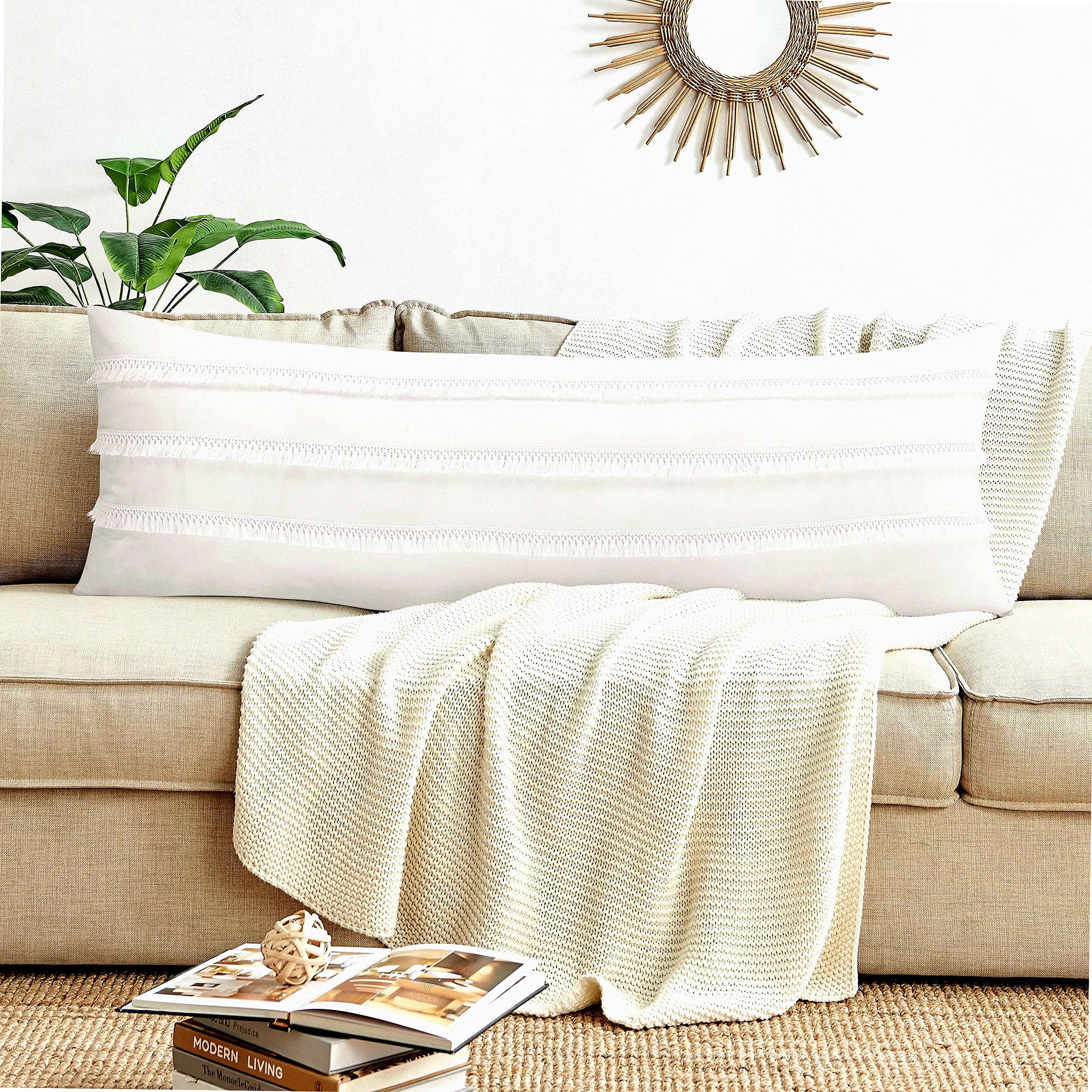 Boho Chic Macrame Tufted Body Pillow Cover Textured Fringe Farmhouse Decor Off White Canvas 54x20 Long Throw Zipper Case Walmart