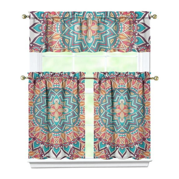 Boho Chic Mandala Kitchen Curtains 3-Piece Set - Folk Style Geometric Pattern, Valance + 2 Tier Panels, Farmhouse Window Decor