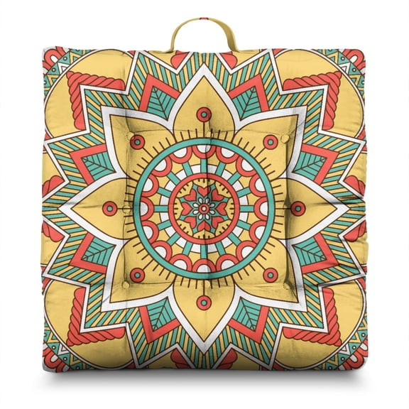 Boho Chic Mandala Meditation Pillow 15" Square Floor Cushion with Folk Style Geometric Patterns, Soft & Supportive for Long Sitting Sessions