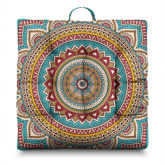 Boho Chic Mandala Meditation Pillow 15" Square Floor Cushion with Folk Style Geometric Patterns, Soft & Supportive for Long Sitting Sessions