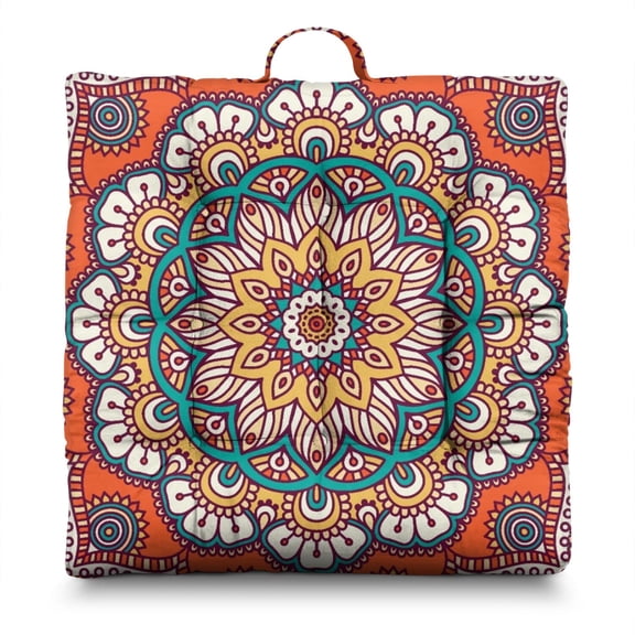 Boho Chic Mandala Meditation Pillow 15" Square Floor Cushion with Folk Style Geometric Patterns, Soft & Supportive for Long Sitting Sessions
