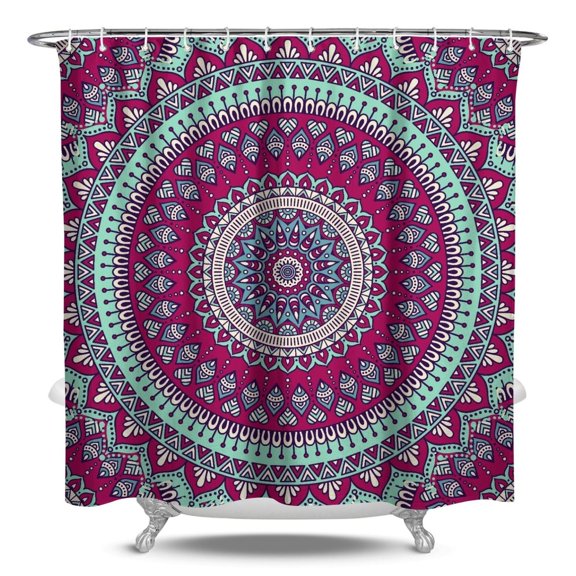 Boho Chic Mandala Shower Curtain, Ethnic Inspired Symmetrical Geometric Pattern, Waterproof Machine Washable Bath Curtain with 12 Hooks