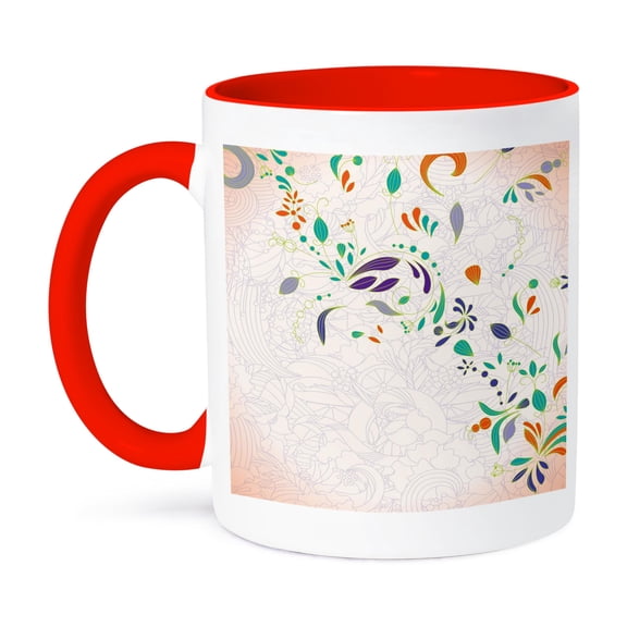 3dRose, Boho Chic Modern Swirl Floral and Foliage Decorative Flower Vector Art, 15oz Two-Tone Red Mug