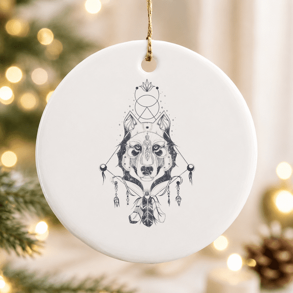 Boho Chic Native Tribal Gypsy Travel Bohemian Wolf Christmas Ornament, Holiday Keepsake Gift, Ceramic Ornament