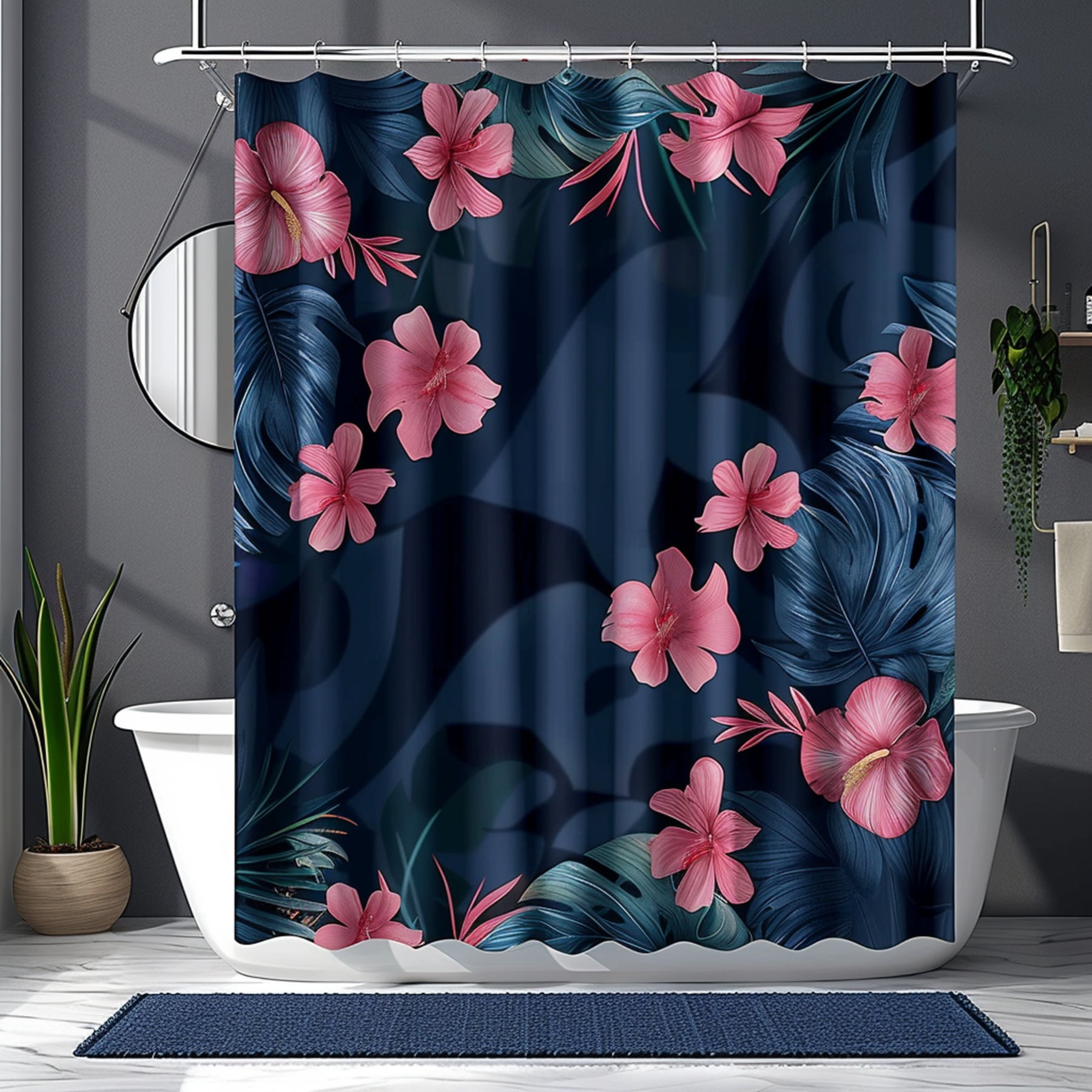 Boho Chic Navy Blue Bathroom Set with Tropical Pink Flowers and Dark ...