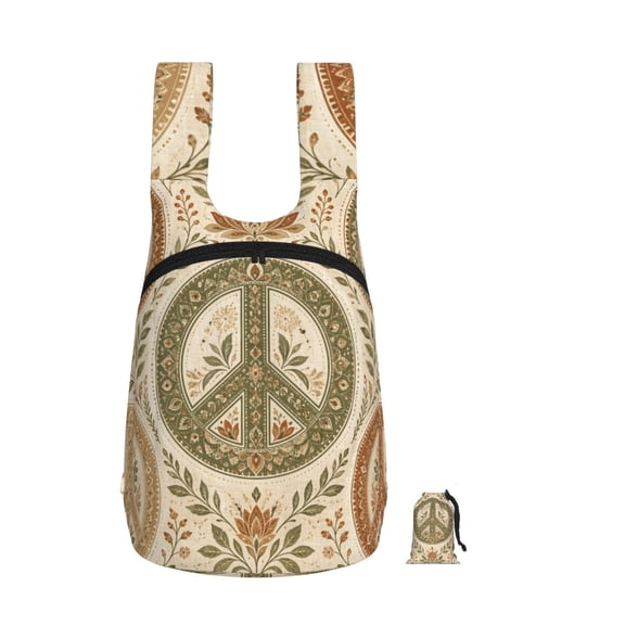 Boho Chic Peace Motif Foldable Storage Backpack Lightweight Packable Travel Daypack for Shopping Commuting Hiking