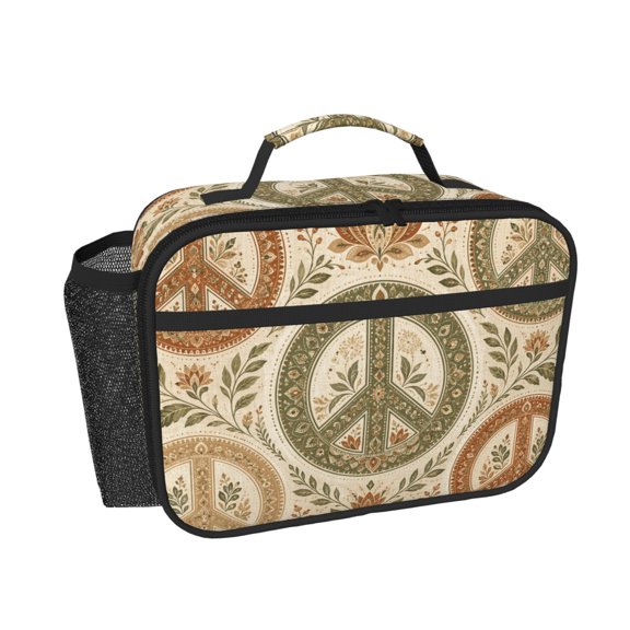 Boho Chic Peace Motif Insulated Lunch Bag, Thermal Meal Prep Tote with Pockets Leakproof Lunch Box for Work Office Travel Picnic