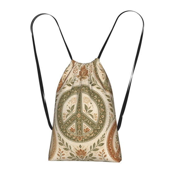 Boho Chic Peace Motif Packable Drawstring Backpack, Lightweight Foldable Cinch Storage Bag for Gym Travel Shopping