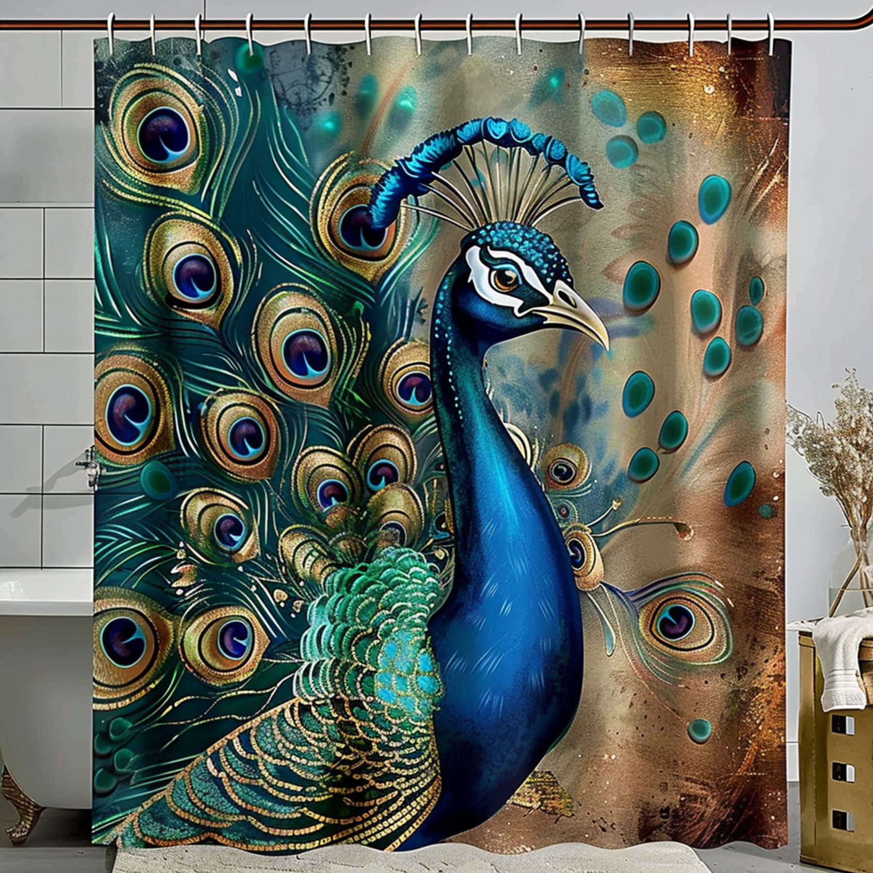 Boho Chic Peacock Feather Shower Curtain Teal and Brown Bathroom Decor