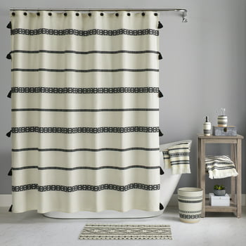Boho Chic Polyester and Cotton Shower Curtain, Black, Better Homes & Gardens, 72" x 72"