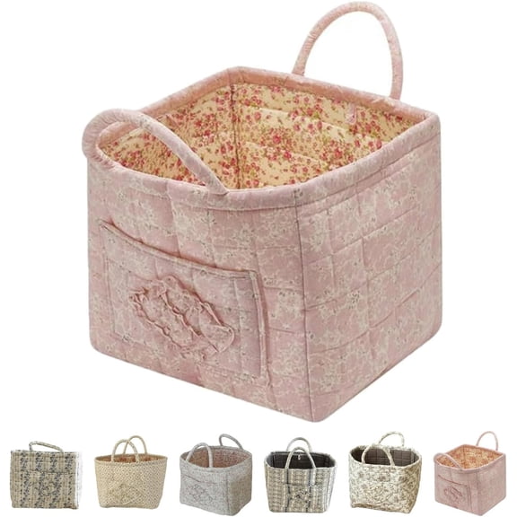 Boho-Chic Quilted Floral Storage Basket, 13"x11"x10 Quilted Fabric Storage Basket with Handles & Pocket for Home, Picnic, Shopping, Travel,