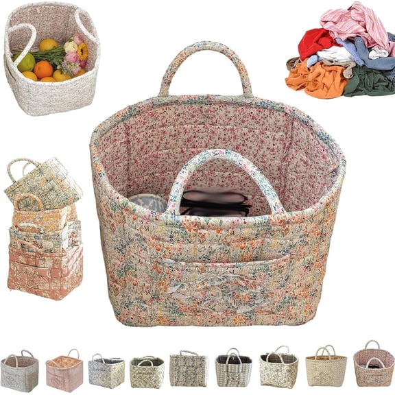 Boho-Chic Quilted Floral Storage Basket, Car Interior Storage Basket, Multi-functional Floral Foldable Baskets Cotton Fabric for Home, Travel, Laundry
