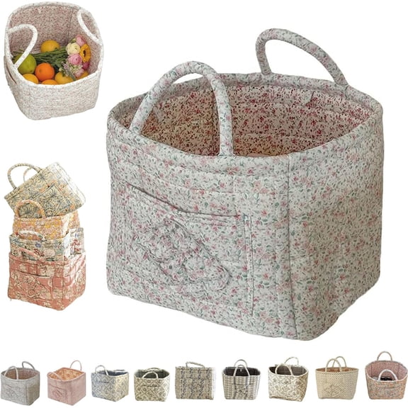 Boho-Chic Quilted Floral Storage Basket, Car Interior Storage Basket, Multi-functional Floral Foldable Baskets Cotton Fabric for Home, Travel, Laundry