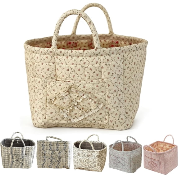 Boho-Chic Quilted Floral Storage Basket, Car Storage Basket Quilted, Large Capacity Collapsible Boho Fabric Organizer with Reinforced Handles & Side Pockets for Car, Home, Picnic, Laundry (C)