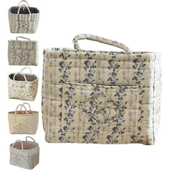 Boho-Chic Quilted Floral Storage Basket with Handles & Pocket, 2026 New Quilted Fabric Storage Basket, Large Capacity Collapsible Floral Basket for Home, Picnic, Shopping, Travel (Type C)