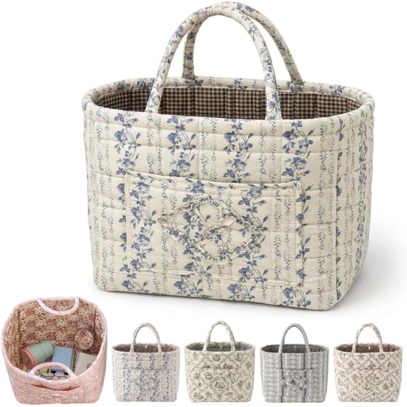 Boho-Chic Quilted Floral Storage Basket, Large Capacity Floral Foldable Organizer Bag, Quilted Car Storage Basket With Handles and Side Pockets, for Home, Travel, Picnic, Shopping, Laundry
