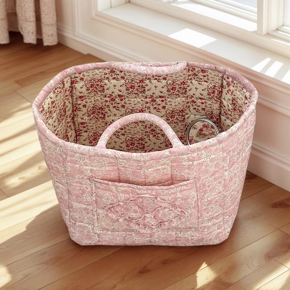 Boho-Chic Quilted Floral Storage Basket, Multi-functional Floral Foldable Storages Baskets Cotton Fabric, Quilted Fabric Storage Basket with Handles & Pocket for Home, Travel, Shopping