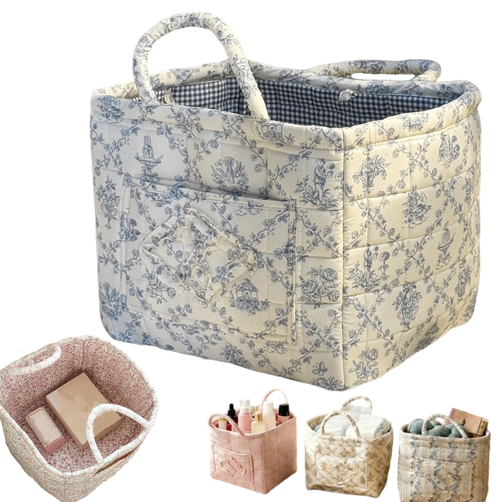Boho-Chic Quilted Floral Storage Basket, Quilted Car Basket with Handles, Large Capacity Floral Foldable Storage Basket for Home, Travel, Picnic, Shopping, Laundry