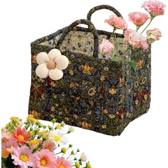 Boho-Chic Quilted Floral Storage Basket, Soft Fabric Laundry Basket with Handles & Pocket, Collapsible for Toys, Laundry, Home, Shopping, Picnic & Travel