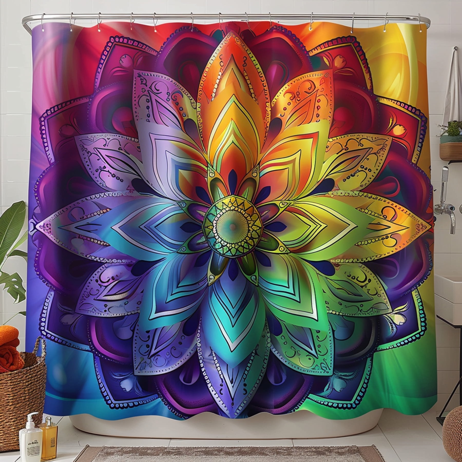 Boho Chic Rainbow Floral Mandala Shower Curtain Vibrant Bathroom Decor