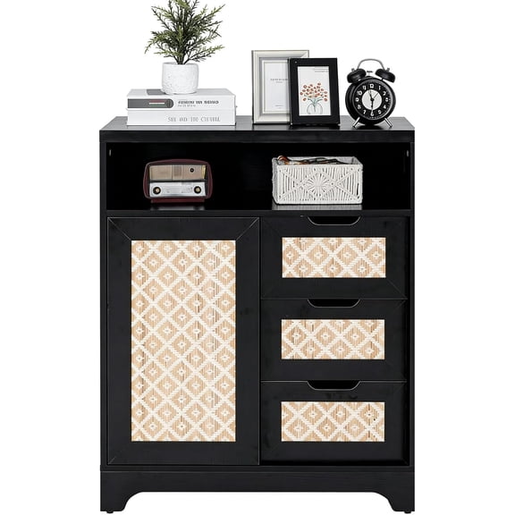 Boho Chic Rattan Sideboard Buffet Cabinet, Black | Sliding Doors & Drawers, Farmhouse Credenza, Coffee Bar Storage, Console Table, Kitchen, Living Room, Entryway, Dining Room