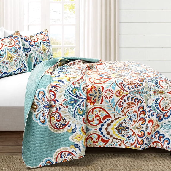 Boho Chic Reversible Cotton Quilt 3-Piece Set, Full/Queen, Seafoam & Red - Bright Paisley Print, Vibrant & Colorful Bohemian Bedding Set