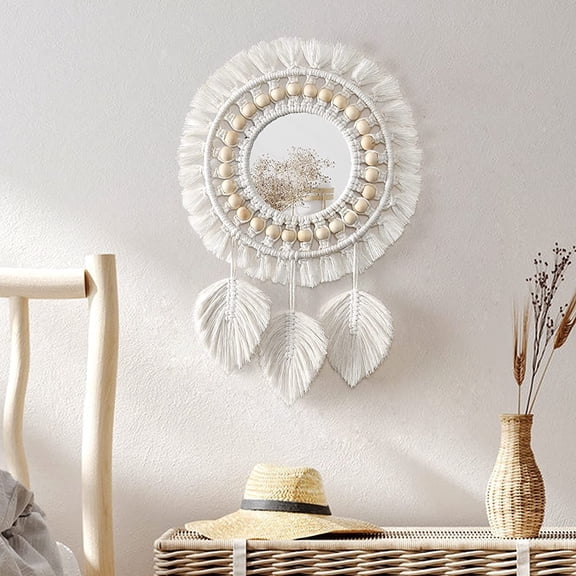Boho Chic Round Wall Mirror, Fringed with Wood Beads & Feather Pendant, Bedroom/Living Room Decor, Single