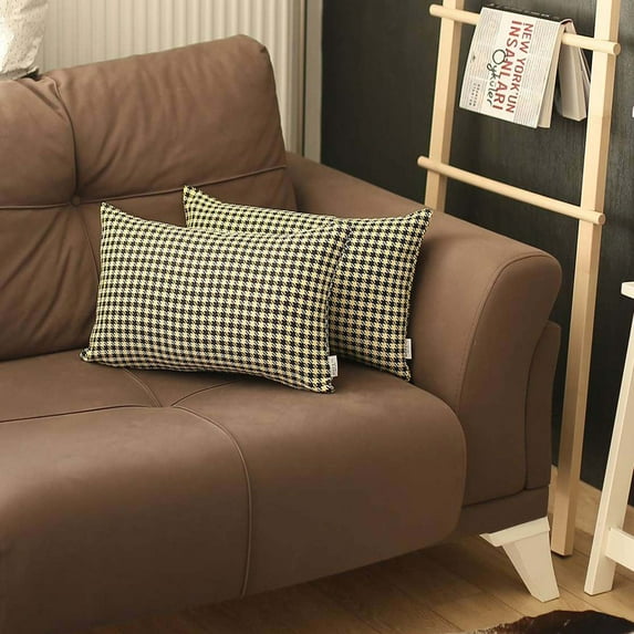 Boho-Chic Set of 2 Handcrafted Decorative Throw Pillow Cover Houndstooth Jacquard 12" x 20" Yellow Lumbar Pillowcase for Couch, Bedding