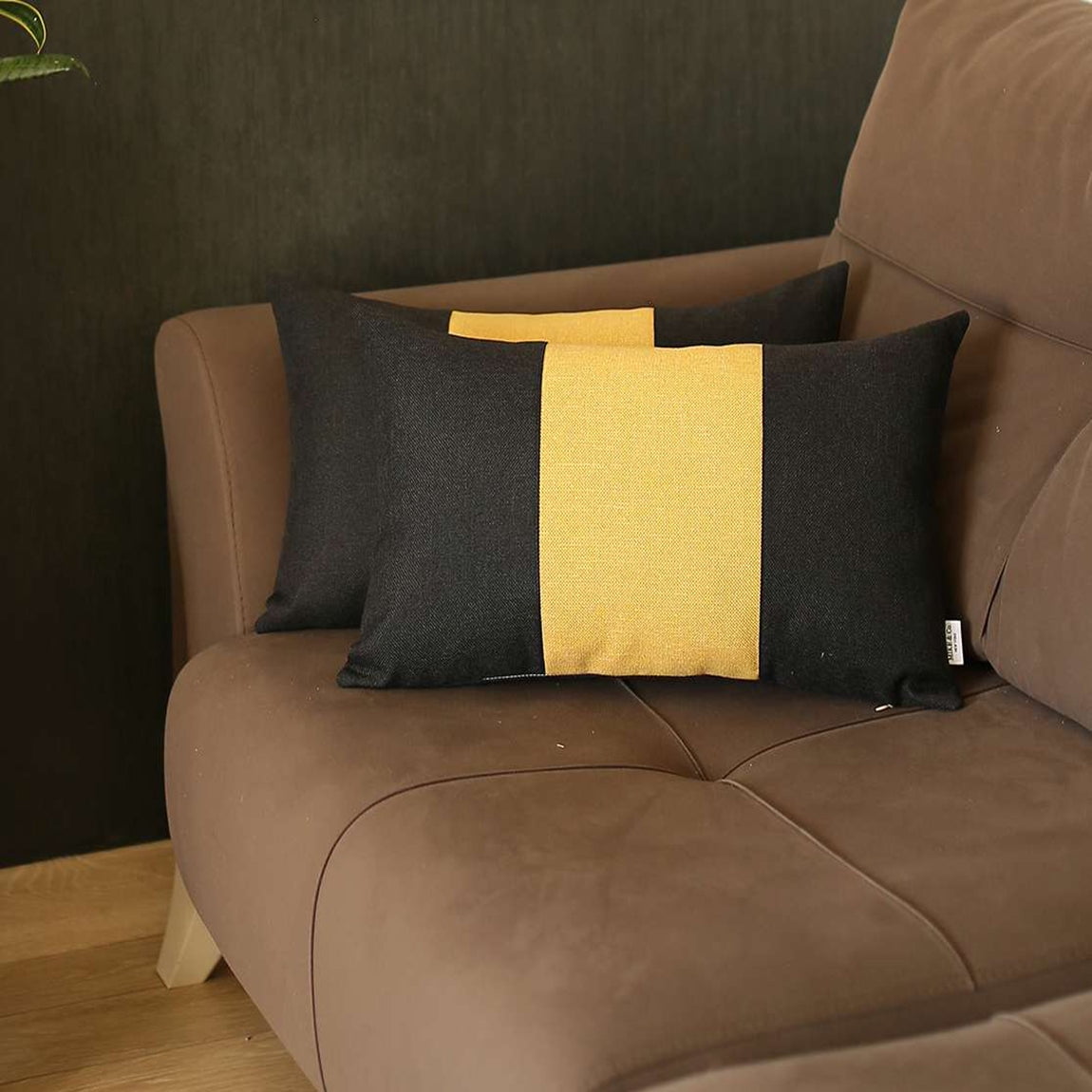 Boho-Chic Set of 2 Handcrafted Decorative Throw Pillow Cover Solid Jacquard 18" x 18" Black & Yellow Square Pillowcase for Couch, Bedding
