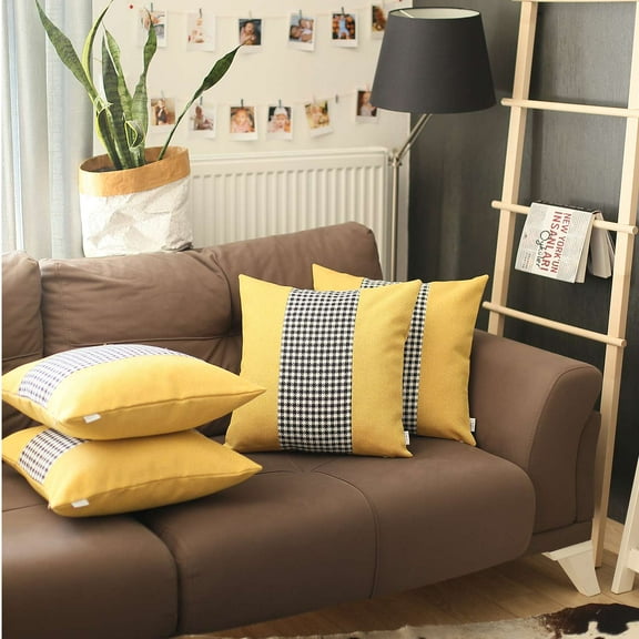 Boho-Chic Set of 4 Handcrafted Decorative Throw Pillow Cover Houndstooth 18" x 18" Yellow & Black Square Pillowcase for Couch, Bedding