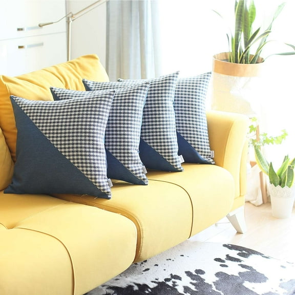 Boho-Chic Set of 4 Handcrafted Decorative Throw Pillow Cover Houndstooth Jacquard 18" x 18" Blue Square Pillowcase for Couch, Bedding