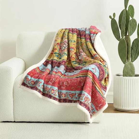 Boho Chic Sherpa Throw Blanket - Bohemian Print & Ultra-Soft Cozy Lining, Stylish & Warm Winter Throw for Couch, Bed, or Decor