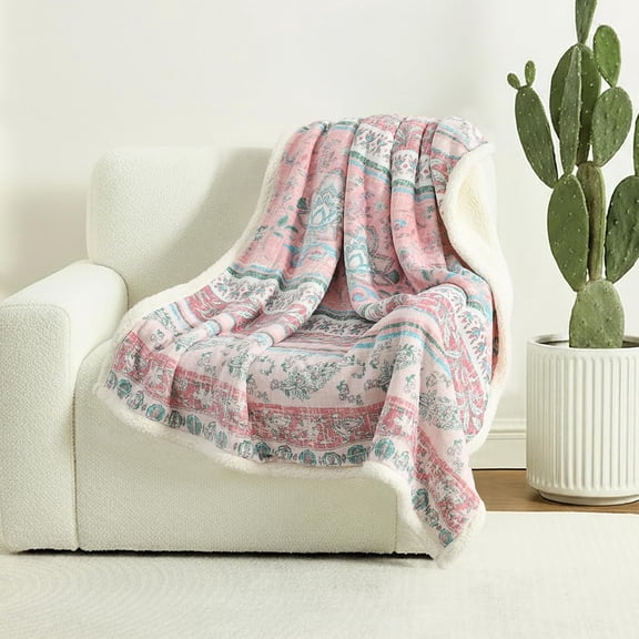 Boho Chic Sherpa Throw Blanket -  Bohemian Print & Ultra-Soft Cozy Lining, Stylish & Warm Winter Throw for Couch, Bed, or Decor