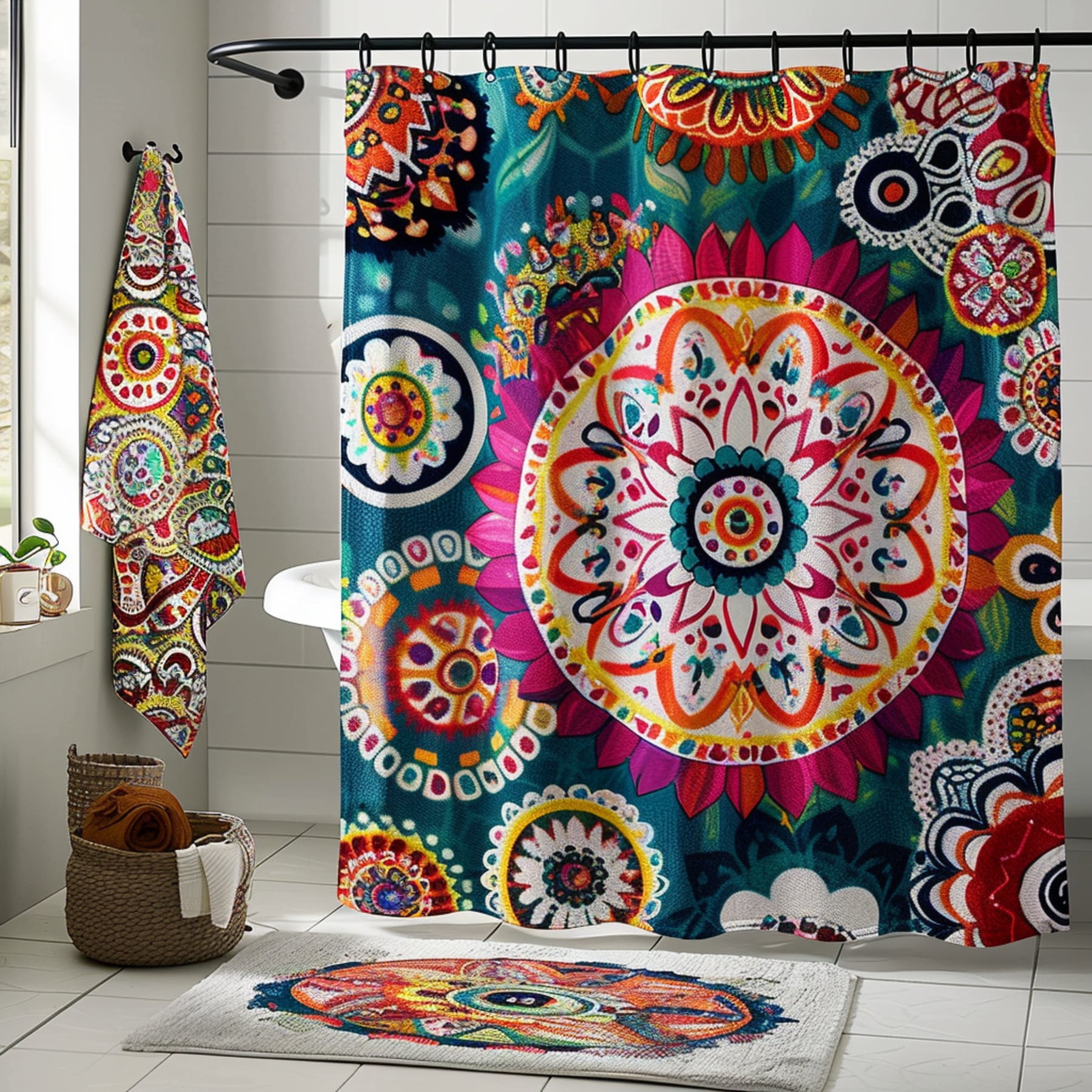 Boho Chic Shower Curtain with Intricate Mandala Designs in Vibrant ...