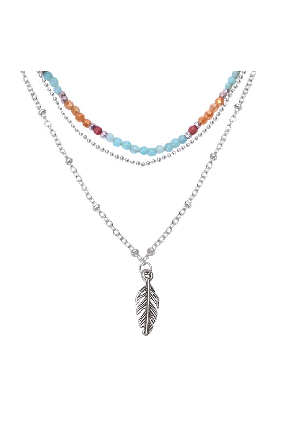 Boho-Chic Silver Feather Pendant with Multi-Colored Quartz Beads Layered Necklace