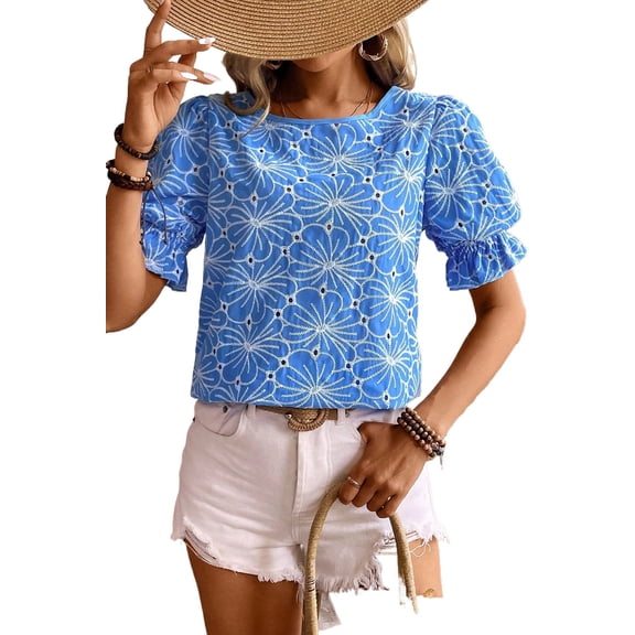 Boho Chic Sky Blue Floral Embroidery Blouse with Frilled Puff Sleeves | (US 8-10)M