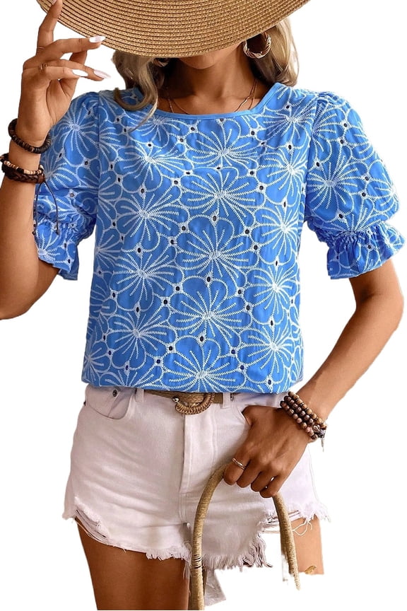 Boho Chic Sky Blue Floral Embroidery Blouse with Frilled Puff Sleeves | (US 8-10)M