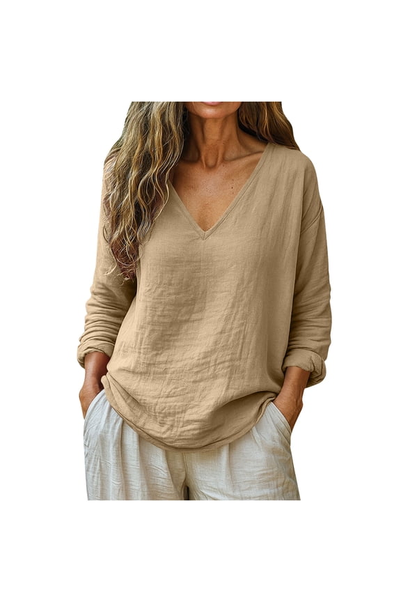 Boho Chic Spring Summer Tunic – Women's Casual Loose Fit Pullover, Long Sleeve V Neck Top in Solid Color Lightweight Linen Cotton Blend for Relaxed Style
