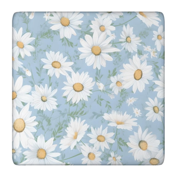 Boho Chic Square Tablecloth Fitted Waterproof with Daisy and Bee Artwork, Floral Bloom Pattern with Elastic Edge for Dining