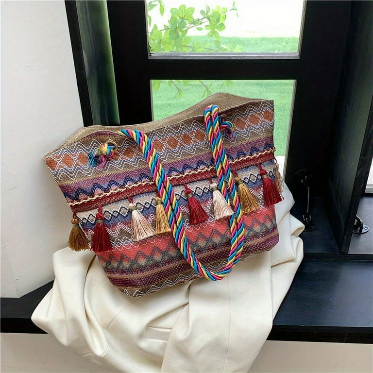 Boho Chic Straw Woven Beach Tote Spacious Secure Round Travel Bag with Zipper Stylish and Lightweight