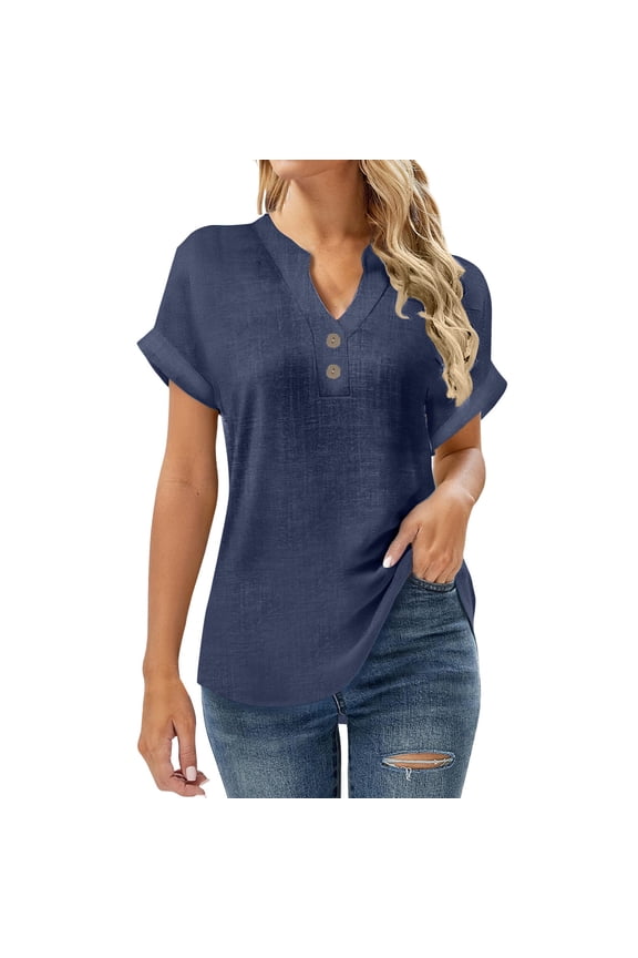 Boho Chic Summer Blouse – Women's Fashion Button Down Shirt in Bamboo Cotton Linen Blend, a Loose Fit Short Sleeve V-Neck Top for Casual Breezy Relaxed Tunic Style