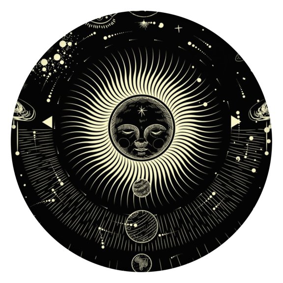 Boho Chic Sunburst and Cosmic Art Round Tablecloth - 100% Waterproof, Elastic Edge, Durable Outdoor Table Cover