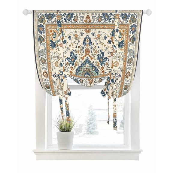 Boho Chic Tie Up Curtains for Window, Thermal Insulated Balloon Shade Adjustable Rod Pocket Curtains Valance Panels for Kitchen Bathroom Cafe 52 x 45 Traditional Classic Geometric Farmhouse