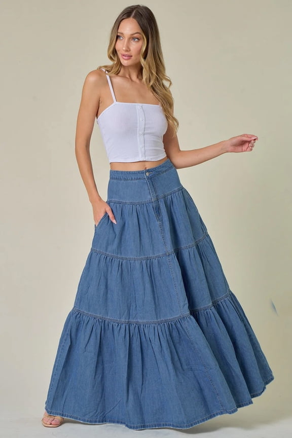 Boho-Chic Tiered Maxi Denim Skirt