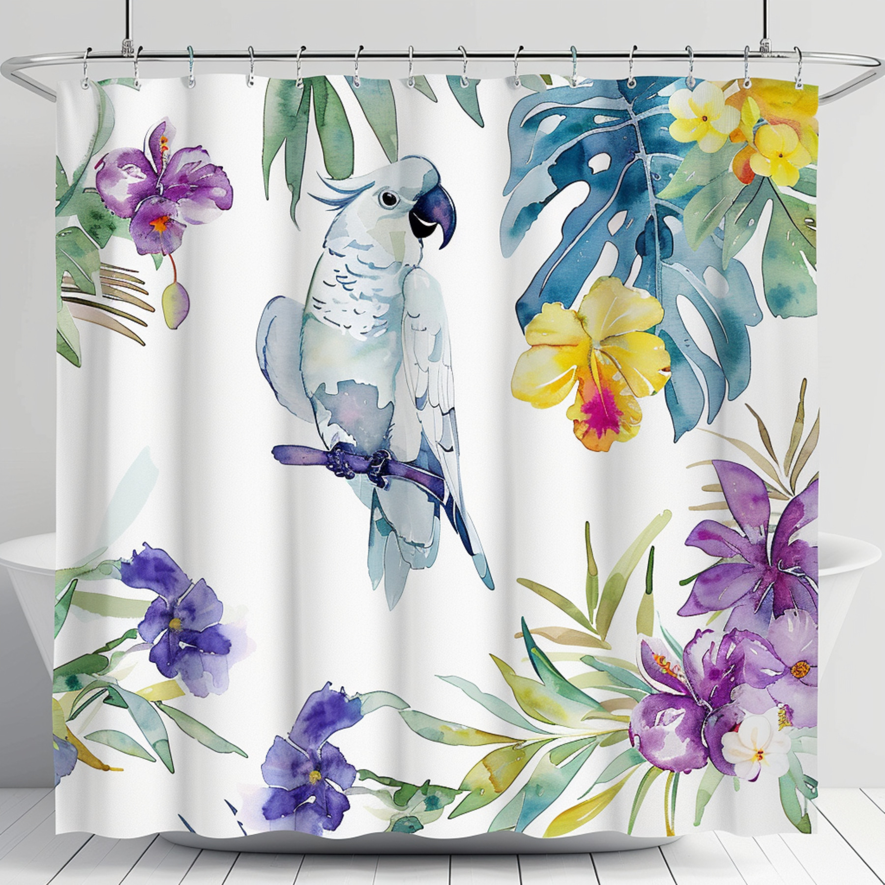 Boho Chic Tropical Cockatoo Shower Curtain with Exotic Watercolor Flowers and Palm Leaves