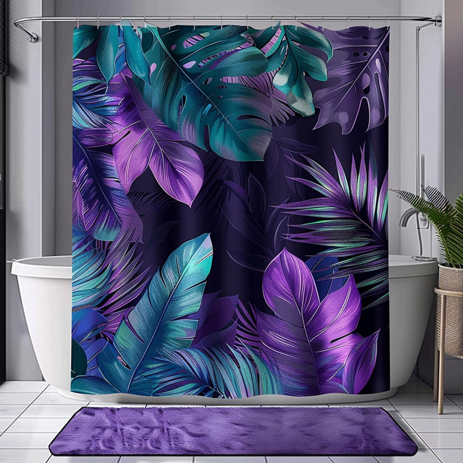 Boho Chic Tropical Leaves Shower Curtain Purple and Teal Bathroom Decor ...